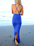 Halter Maxi Dress - Deep V Front / Back Slit / Blue / V Neck / Backless